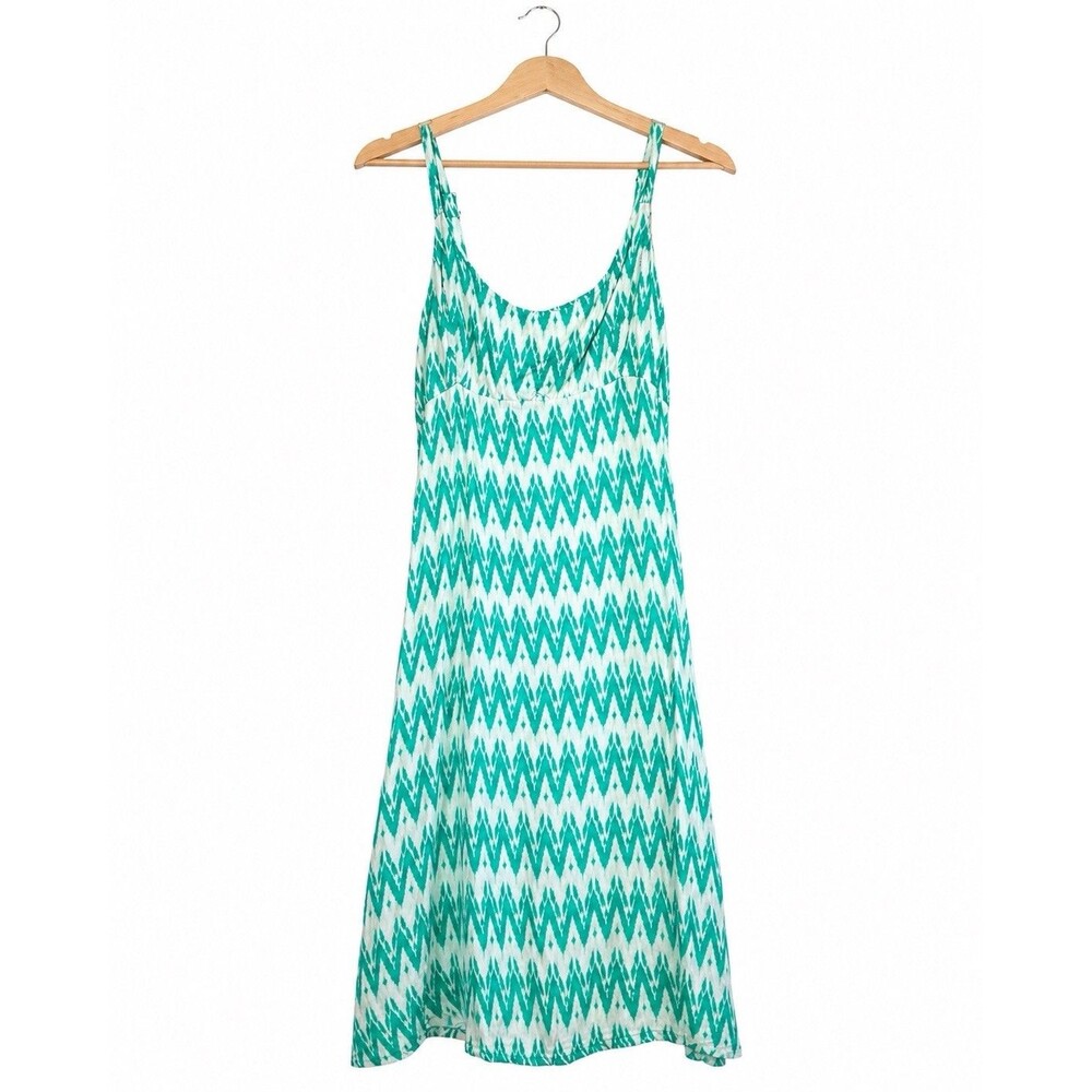 Nomadic Traders Boho Sundress L Green White Ikat Print Sleeveless Rayon